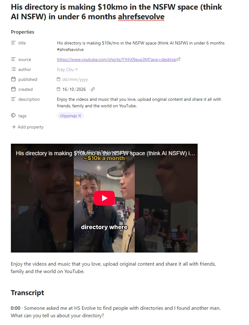 An Obsidian note created by Web Clipper from a YouTube Short: properties for title, source link, author and date, the embedded video, and a timestamped transcript underneath
